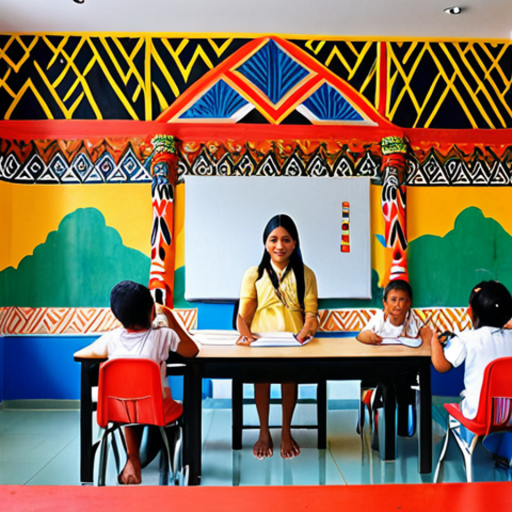 **Image Prompt:** A vibrant, colorful mural in Bangkok depicting Indigenous Canadian children learning their ancestral language in a modern classroom setting. Incorporate Thai artistic styles and elements (e.g., traditional patterns, spirit houses in the background) to visually connect the two cultures and emphasize the importance of language preservation.