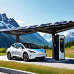**An electric car charging station in Canada with a scenic mountain backdrop, showcasing a modern design and solar panels. The scene should emphasize sustainability and the natural beauty of Canada.**