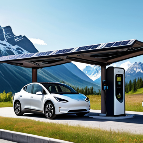 **An electric car charging station in Canada with a scenic mountain backdrop, showcasing a modern design and solar panels. The scene should emphasize sustainability and the natural beauty of Canada.**
