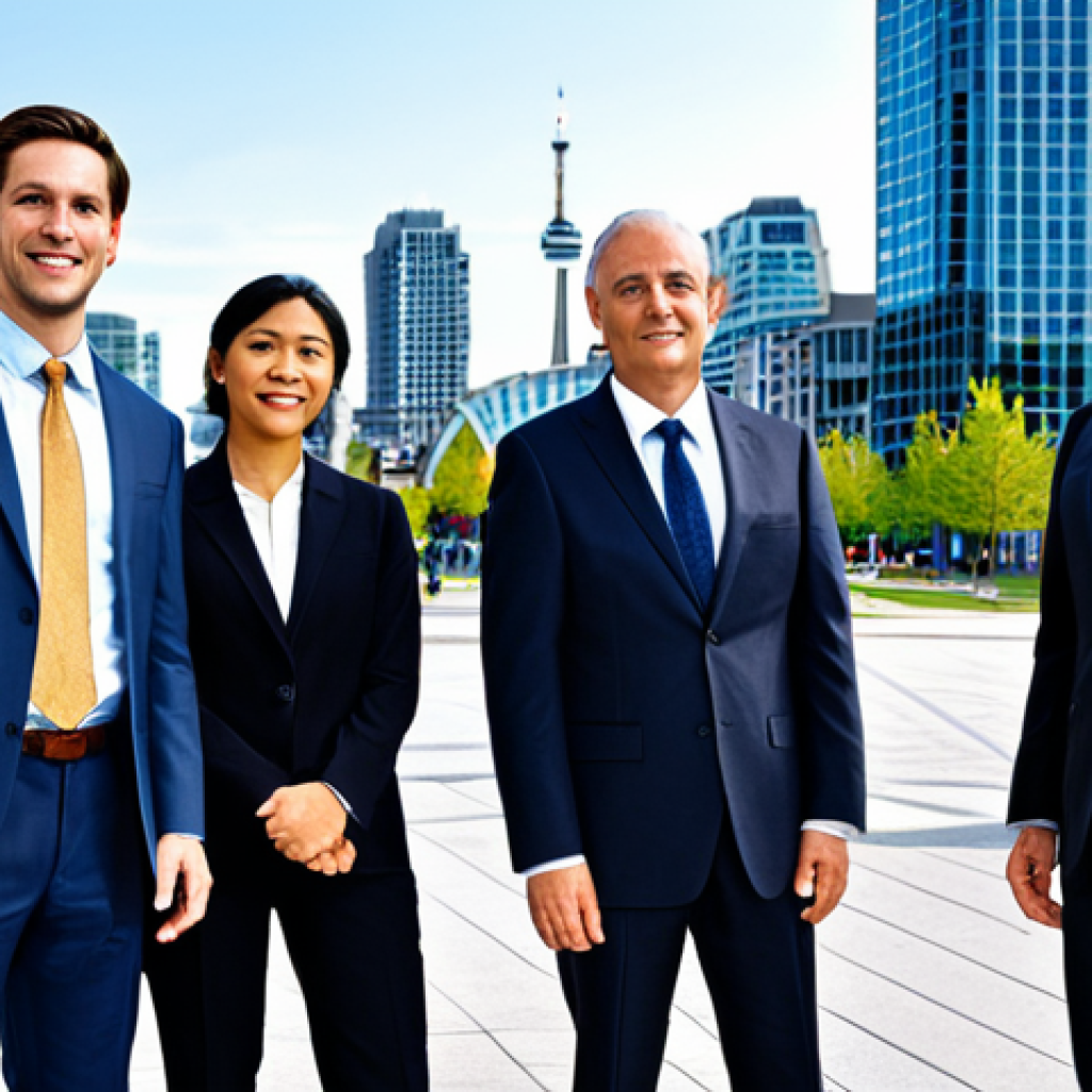 A diverse group of professional adults, representing various cultural backgrounds, standing together in a modern Canadian city square. They are dressed in smart, professional business attire, conveying a sense of unity and community. In the background, a clear skyline with contemporary architecture. The image is a bright, clear professional photograph with excellent lighting. Perfect anatomy, correct proportions, natural pose, well-formed hands, proper finger count, natural body proportions, safe for work, appropriate content, fully clothed, professional dress, family-friendly.