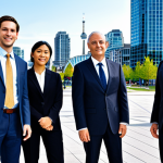 A diverse group of professional adults, representing various cultural backgrounds, standing together in a modern Canadian city square. They are dressed in smart, professional business attire, conveying a sense of unity and community. In the background, a clear skyline with contemporary architecture. The image is a bright, clear professional photograph with excellent lighting. Perfect anatomy, correct proportions, natural pose, well-formed hands, proper finger count, natural body proportions, safe for work, appropriate content, fully clothed, professional dress, family-friendly.
