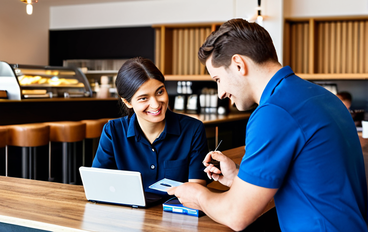 A professional server in a modest, clean uniform politely presents a bill to a customer at a modern, well-lit cafe table. The customer, dressed in appropriate, casual attire, is preparing to pay with a credit card, with a subtle payment terminal nearby. The scene emphasizes respectful interaction and standard tipping etiquette in a Canadian setting. The image should feature perfect anatomy, correct proportions, natural pose, well-formed hands, proper finger count, and natural body proportions. The overall aesthetic is high-resolution, professional photography, safe for work, appropriate content, fully clothed, and family-friendly.