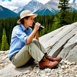 **

"A professional female geologist, fully clothed in appropriate field attire (khaki pants, hiking boots, light-colored button-down shirt), examining rock formations with a magnifying glass in Jasper National Park, Alberta, Canada. Majestic mountains in the background, evergreen trees, bright daylight. Safe for work, appropriate content, perfect anatomy, natural pose, professional photography, high quality, family-friendly."

**