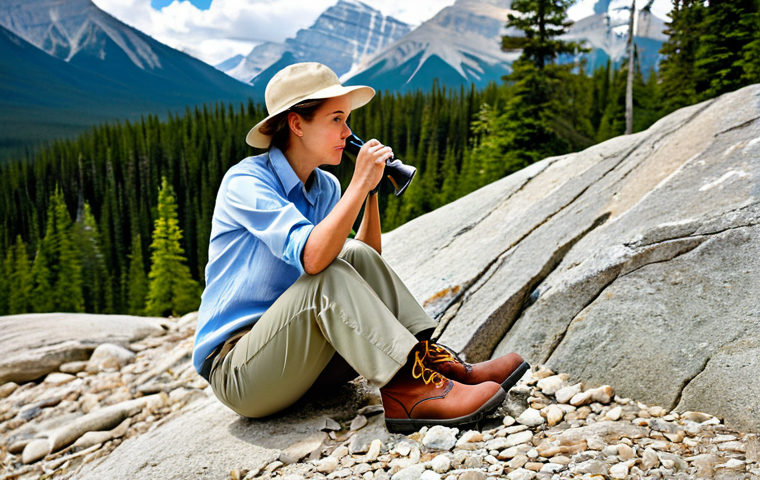 **
"A professional female geologist, fully clothed in appropriate field attire (khaki pants, hiking boots, light-colored button-down shirt), examining rock formations with a magnifying glass in Jasper National Park, Alberta, Canada. Majestic mountains in the background, evergreen trees, bright daylight. Safe for work, appropriate content, perfect anatomy, natural pose, professional photography, high quality, family-friendly."
**