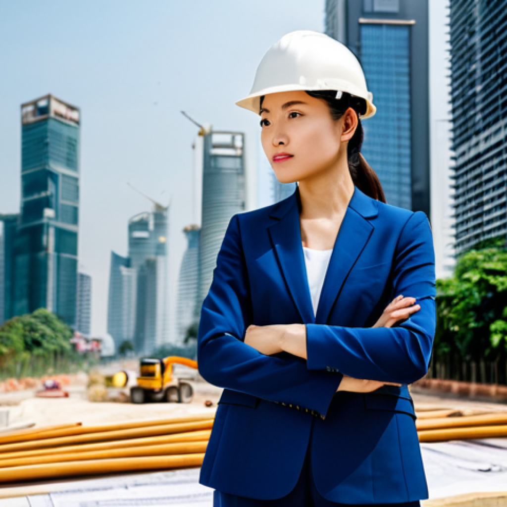 **

"A professional female architect in a modern, fully clothed pantsuit, reviewing blueprints on a construction site in Bangkok, Thailand. Skyscrapers in the background. Safe for work, appropriate content, professional attire, perfect anatomy, correct proportions, well-formed hands, natural pose, high quality."

**