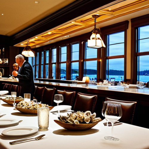 Home 23 Joe Fortes Restaurant Interior**
"Elegant interior of Joe Fortes Seafood & Chop House in Vancouver, Canada. Diners are fully clothed and enjoying meals at tables with white tablecloths. Focus on the Oyster Bar with a variety of oysters displayed. Warm lighting, professional photography, perfect anatomy, appropriate content, safe for work, modest dress, high quality."
**