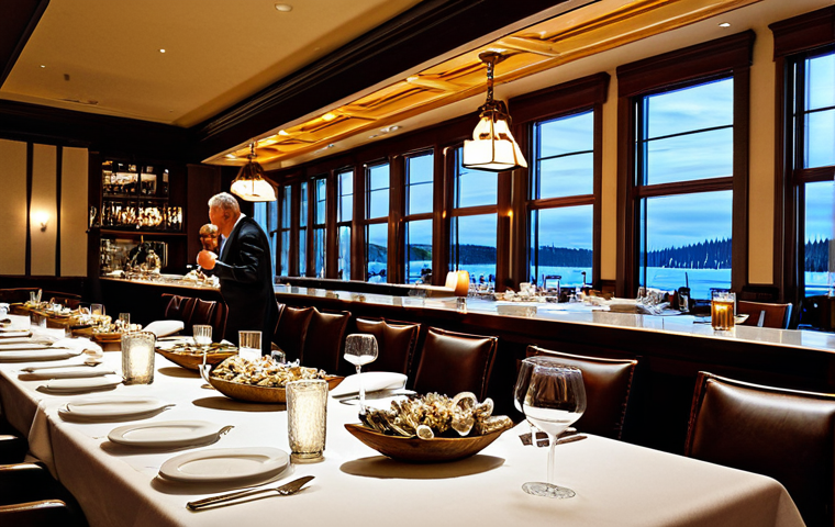 Joe Fortes Restaurant Interior**

"Elegant interior of Joe Fortes Seafood & Chop House in Vancouver, Canada. Diners are fully clothed and enjoying meals at tables with white tablecloths. Focus on the Oyster Bar with a variety of oysters displayed. Warm lighting, professional photography, perfect anatomy, appropriate content, safe for work, modest dress, high quality."

**