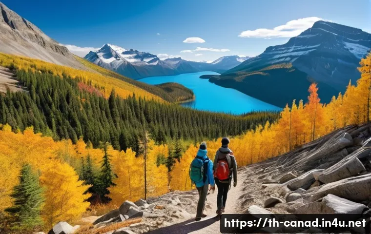 캐나다 입국 심사 절차 - **Prompt: Majestic Canadian Autumn Landscape with Hikers**
    "A breathtaking panoramic view of a C...