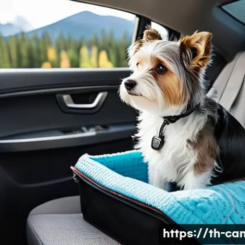 캐나다에서 동물과 함께 여행하는 방법 - A detailed scene of a traveler preparing for a road trip in Canada with their small dog wearing a co...