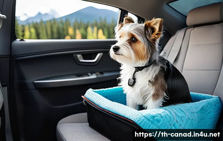 캐나다에서 동물과 함께 여행하는 방법 - A detailed scene of a traveler preparing for a road trip in Canada with their small dog wearing a co...