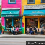 토론토 여행 꿀팁 - A vibrant street scene in Toronto&rsquo;s Quebec Village during the day, featuring colorful graffiti walls...