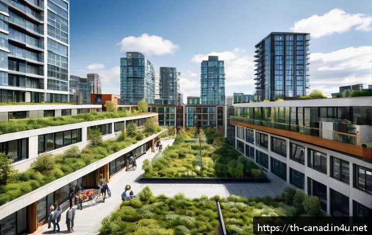캐나다 부동산 시장 전망 - A modern Canadian urban residential scene in 2024, showcasing a diverse group of young professionals...