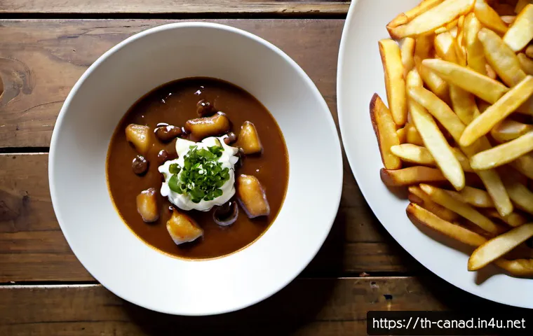 캐나다 전통 음식 추천 - Photorealistic overhead food photography of a traditional Canadian comfort-food spread on a rustic w...