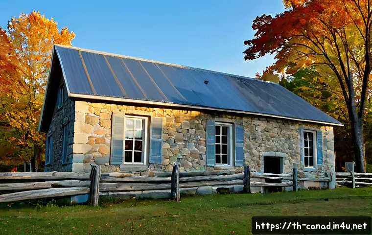 Home 29 캐나다의 전통 건축양식 및 특징 - Photorealistic wide-angle view of a traditional French Canadian stone farmhouse in rural Quebec, ste...
