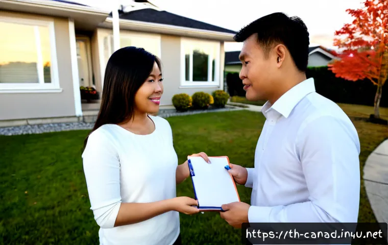 Home 29 캐나다에서 집을 구하는 방법 - Photorealistic wide-angle scene of a Thai couple in their 30s viewing a bright suburban home in Cana...