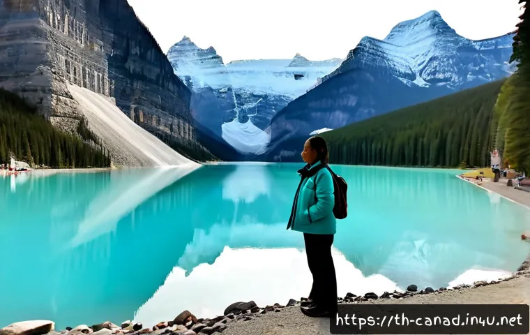 캐나다 대표 관광지 리스트 - Photorealistic panoramic view of Lake Louise in the Canadian Rockies, turquoise glacial water reflec...